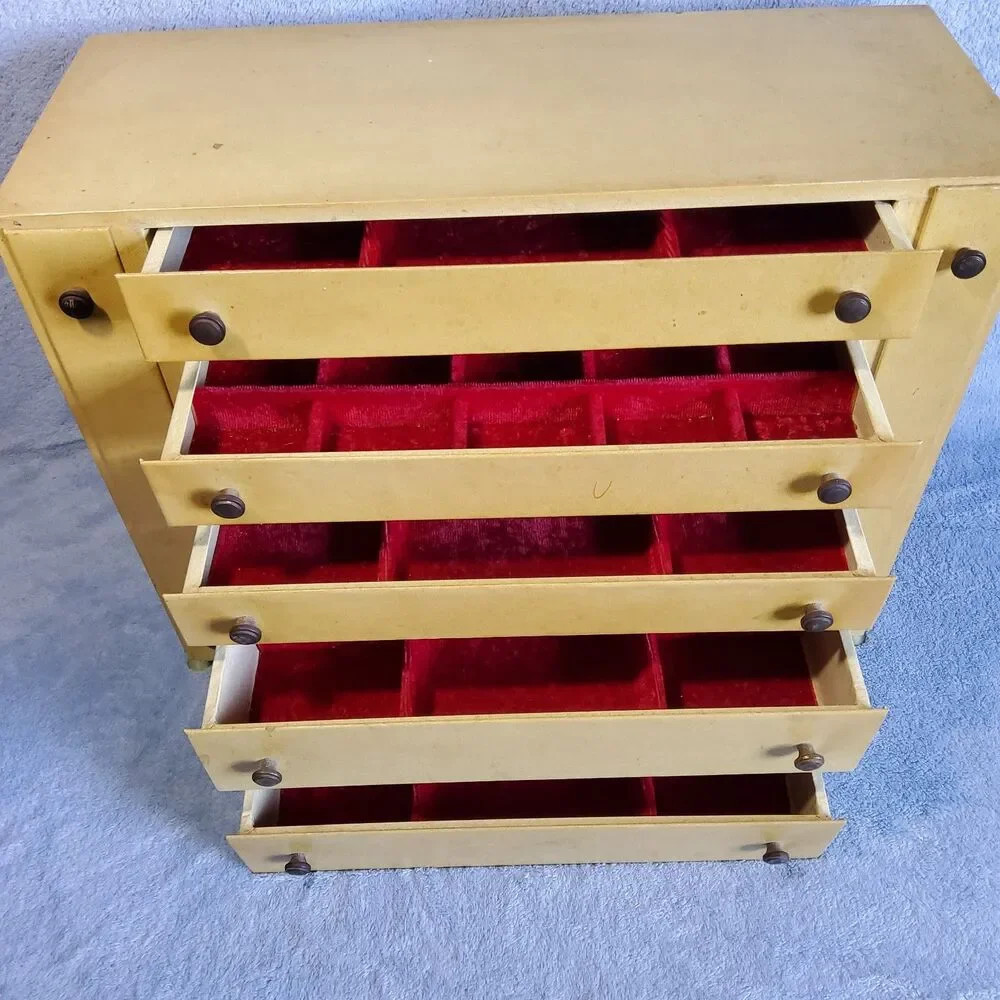 Vintage Wooden Yellow Dresser Jewelry Box 5 Drawer 2 Side Necklace Pull Out Door